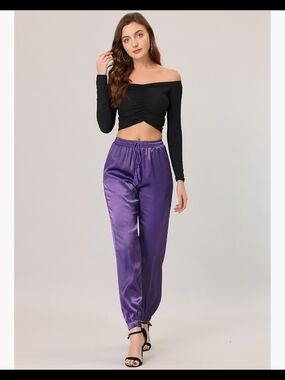 Allegra K Purple Satin Drawstring Joggers- New No Tags
